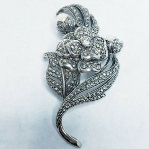KJL Kenneth Jay Lane Marcasite Faux Pearls Rhinestone Flower Brooch Pin Signed